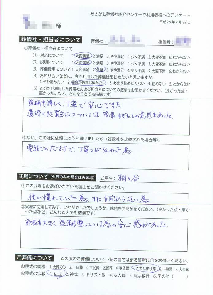 桐ケ谷斎場での葬儀社の口コミ、大変満足、機会があれば勧めたい、2014-07-22